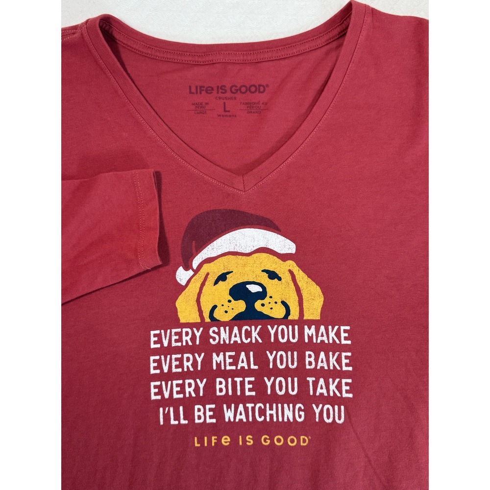 Life Is Good Crusher T-Shirt Womens Large Red Dog Santa Christmas EUC